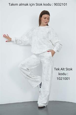 Valeria Kadın 3 İplik Şardonsuz Pamuk Oversize Bisiklet Yaka Sweatshirt-Ekru-Gri Baskılı