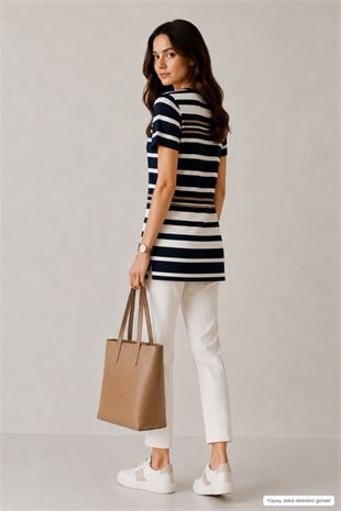 Viskon Kısa Kol Uzun Tunik-Çizgili lacivert beyaz
