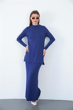 Viskon Dik Yaka Tunik ve Etek Takım-Lacivert