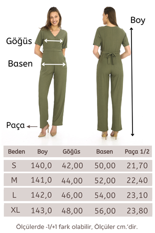 Kadın Krep Beli Kemerli ve Fermuarlı Tulum-Haki