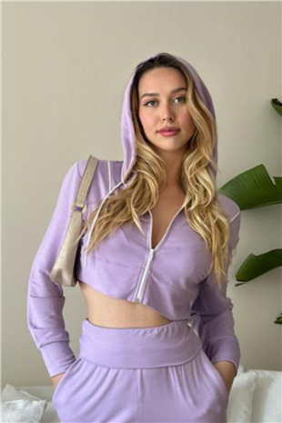 Kadın Viskon Kapşonlu Oversize Crop Sweatshirt-Lila