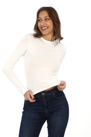 Likralı Pamuk Crop Tişört-Slim Fit -Krem