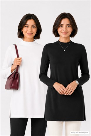 Premium Viskon Dik Yaka Uzun Tunik 2li Satış-Siyah-Beyaz
