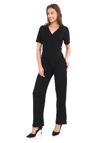 Kadın Krep Beli Kemerli ve Fermuarlı Tulum-Siyah