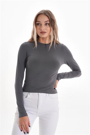 Likralı Pamuk Crop Tişört-Slim Fit -Füme