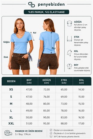 V Yaka Slim Fit Crop Tişört-Mavi