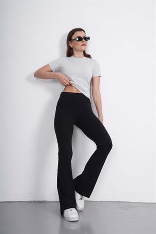 Crop Slim Fit Pamuk Likra Tişört-Kar Melanj