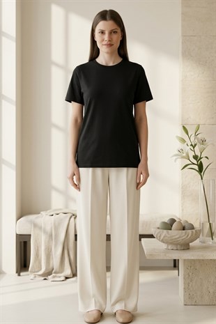 Viskon Dökümlü Tişört-Siyah