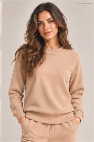 Kadın Bisiklet Yaka Sweatshirt Normal Kalıp Uzun Kollu-Bej