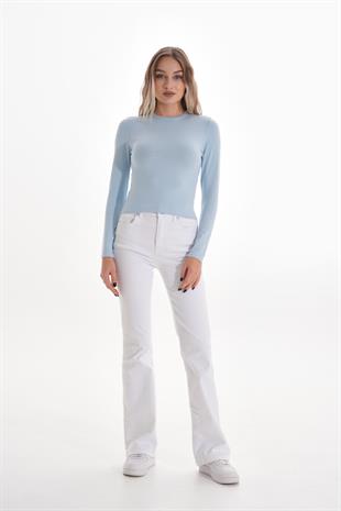 Likralı Pamuk Crop Tişört-Slim Fit -Açık Mavi