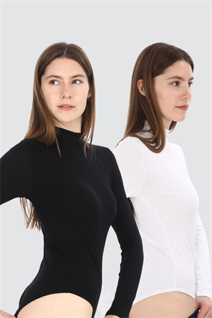 Kadın Viskon Boğazlı Kopçalı Zıbın Body 2li Set Siyah-Beyaz