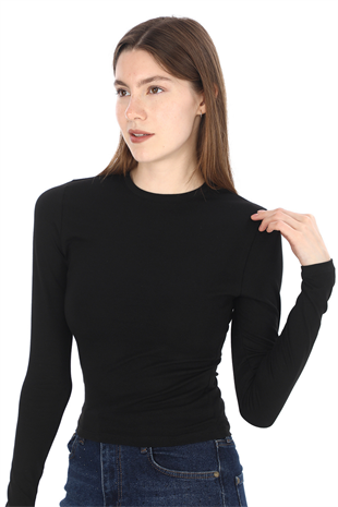 Likralı Pamuk Crop Tişört-Slim Fit-Siyah