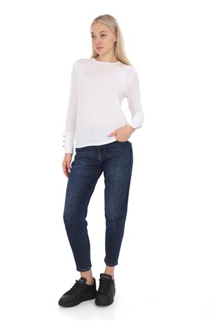 Kol Düğmeli Modal Tişört-Beyaz