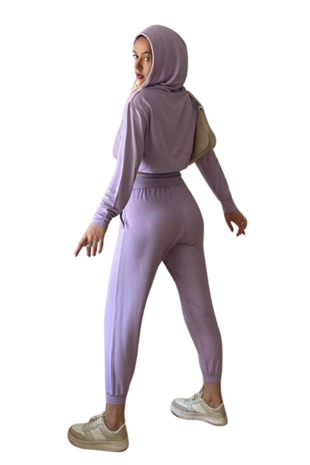 Kadın Viskon Kapşonlu Oversize Crop Sweatshirt-Lila