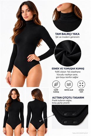 Kadın Viskon Tam Balıkçı Yaka Çıtçıtlı Zıbın Body2li Satış-Siyah-Ekru