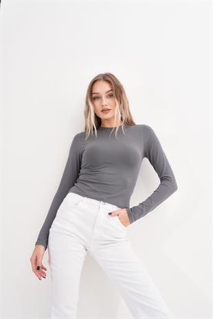 Likralı Pamuk Crop Tişört-Slim Fit -Füme