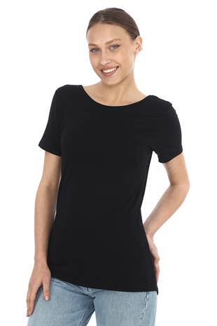 Sırt Dekolte Rahat Viskon Tunik-Siyah