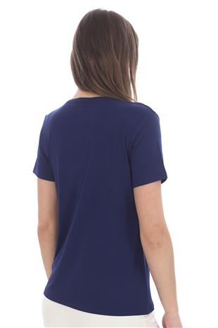 Viskon Dökümlü V Yaka Tişört-Lacivert