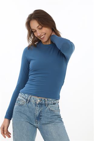 Likralı Pamuk Crop Tişört-Slim Fit -İndigo