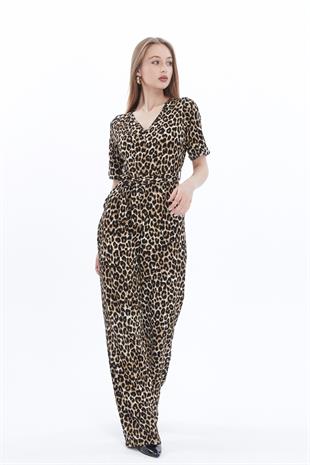 Kadın Krep Beli Kemerli ve Fermuarlı Tulum-Leopar