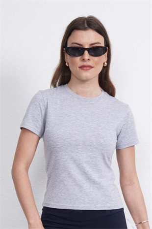 Crop Slim Fit Pamuk Likra Tişört-Gri Melanj