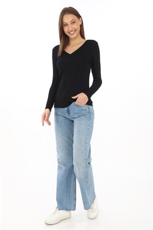 Yumuşak, Rahat ve Şık Viskon V Yaka Tişört-Siyah