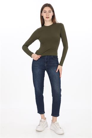 Likralı Pamuk Crop Tişört -Slim Fit-Haki