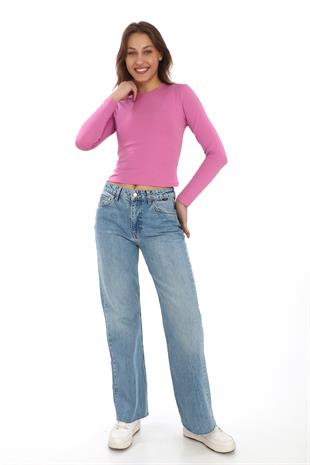 Likralı Pamuk Crop Tişört-Slim Fit -Koyu Pembe