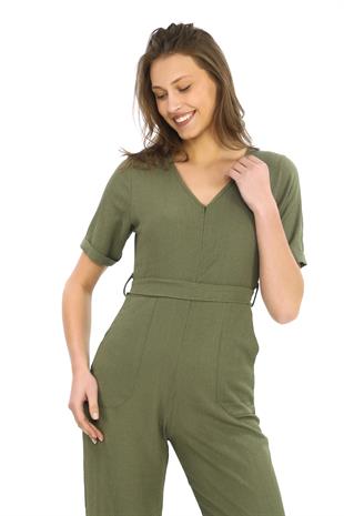 Kadın Krep Beli Kemerli ve Fermuarlı Tulum-Haki