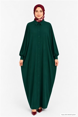 Kadın Sandy Tesettür Gömlek Elbise Abaya-Zümrüt Yeşil