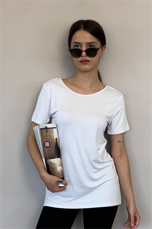 Sırt Dekolte Rahat Viskon Tunik-Beyaz