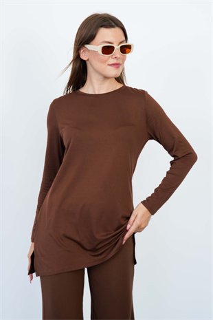 Bisiklet Yaka Viskon Tunik & Pantolon Takım-Kahverengi