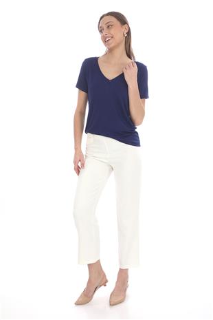 Viskon Dökümlü V Yaka Tişört-Lacivert