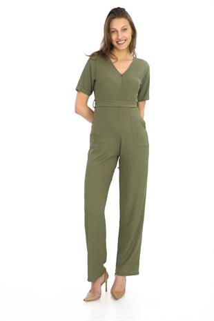 Kadın Krep Beli Kemerli ve Fermuarlı Tulum-Haki