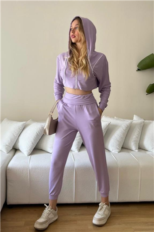 Kadın Viskon Kapşonlu Oversize Crop Sweatshirt-Lila
