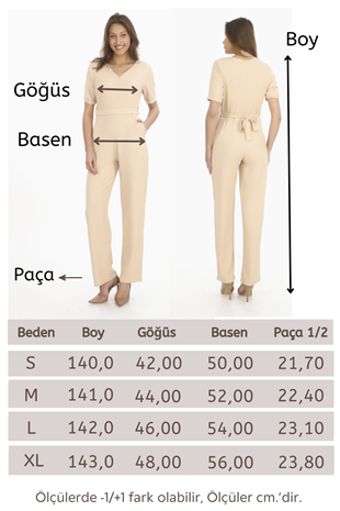 Kadın Krep Beli Kemerli ve Fermuarlı Tulum-Bej