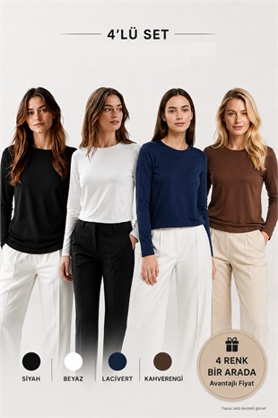 Kadın Viskon Tişört 4lü Set Siyah-Beyaz-Lacivert-Kahverengi