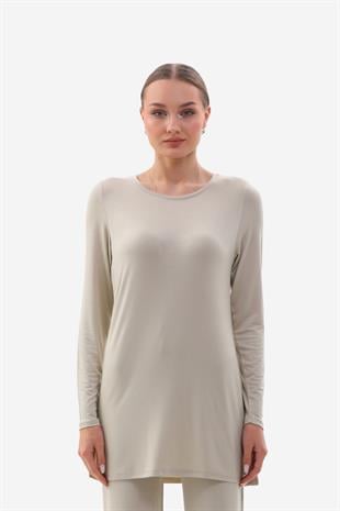 Kadın Viskon Full Likra Tunik-Bej