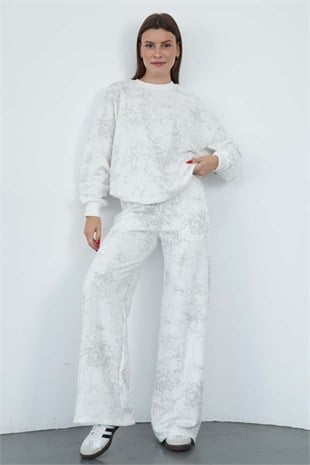 Oversize Sweatshirt & Geniş Paça Eşofman Altı Takım-Ekru-Gri Baskılı