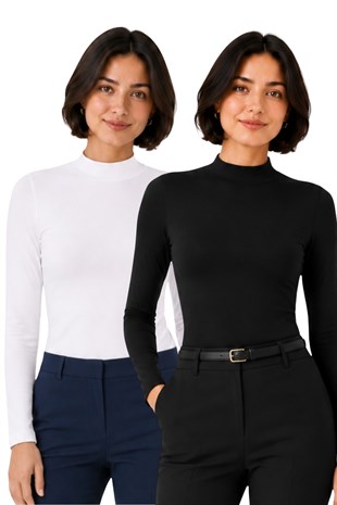 Kadın Viskon Boğazlı Kopçalı Zıbın Body 2li Set Siyah-Beyaz