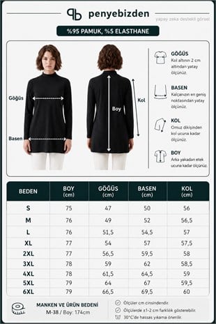 Premium Viskon Dik Yaka Uzun Tunik -Siyah