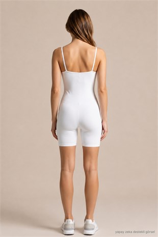 Kadın Body İp Askılı Şort Tulum-Beyaz
