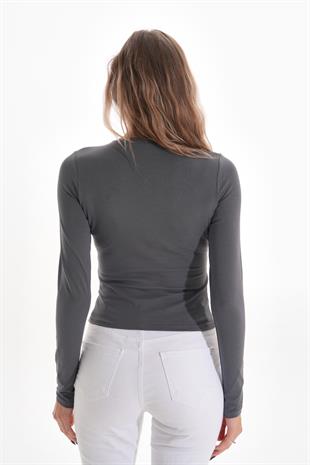 Likralı Pamuk Crop Tişört-Slim Fit -Füme