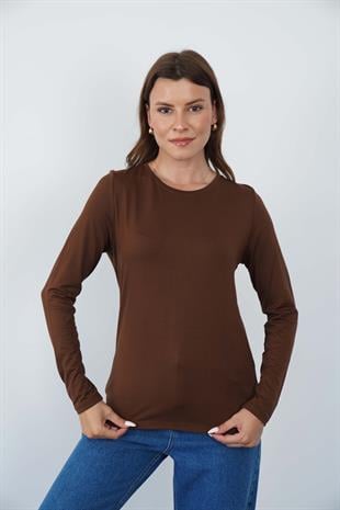 Kadın Zarif İnce Gösteren Viskon Tişört-Kahve