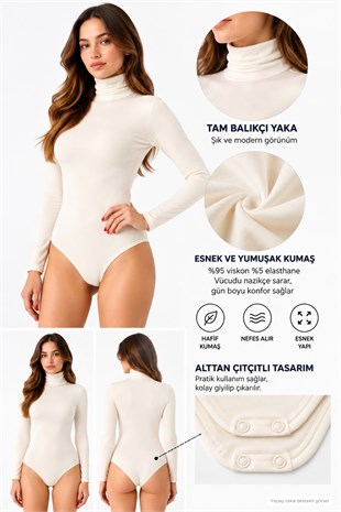 Kadın Viskon Tam Balıkçı Yaka Çıtçıtlı Zıbın Body2li Satış-Siyah-Ekru