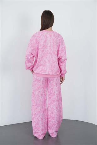 Oversize Sweatshirt & Geniş Paça Eşofman Altı Takım-Pembe Baskılı