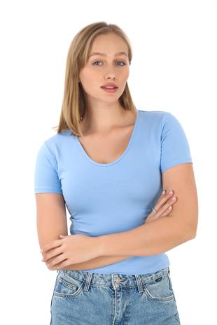 V Yaka Slim Fit Crop Tişört-Mavi