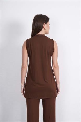 Viskon Kolsuz Tunik-Kahverengi