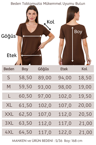 Viskon Dökümlü V Yaka Tişört-Kahverengi