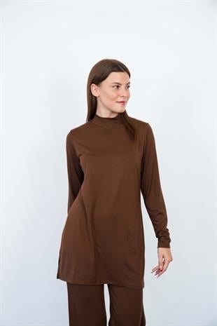 Viskon Dik Yaka Tunik-Kahverengi